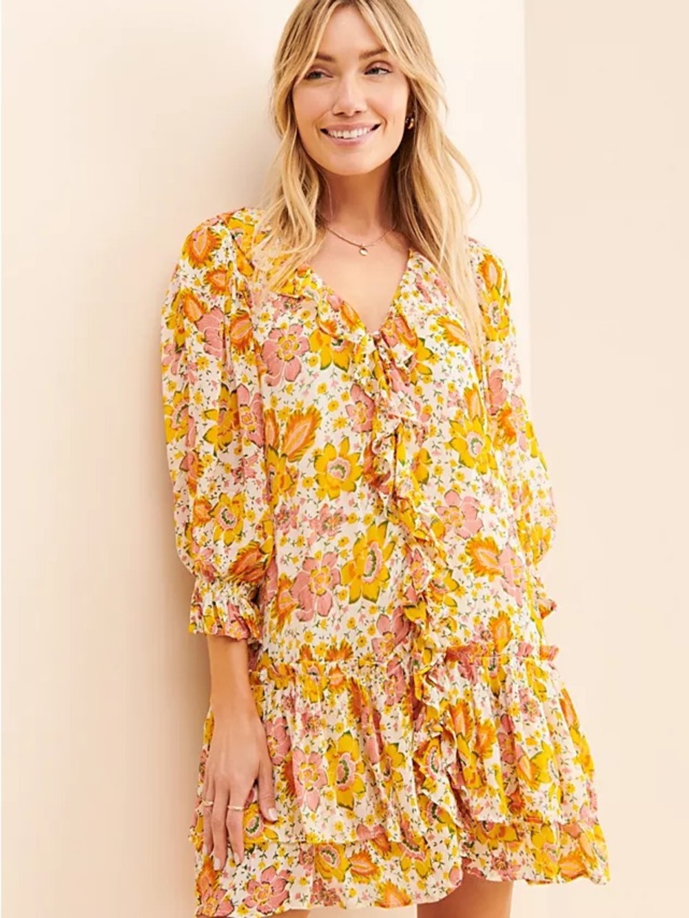 Cleobella Yellow & Pink Floral Ruffle Mini Dress